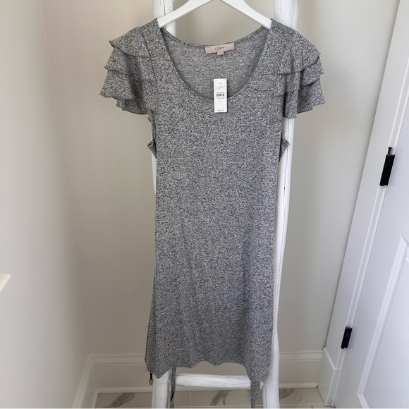 Loft Tiered Flutter Knit Dress Light Limestone Gray Sz Large - Picture 5 of 9